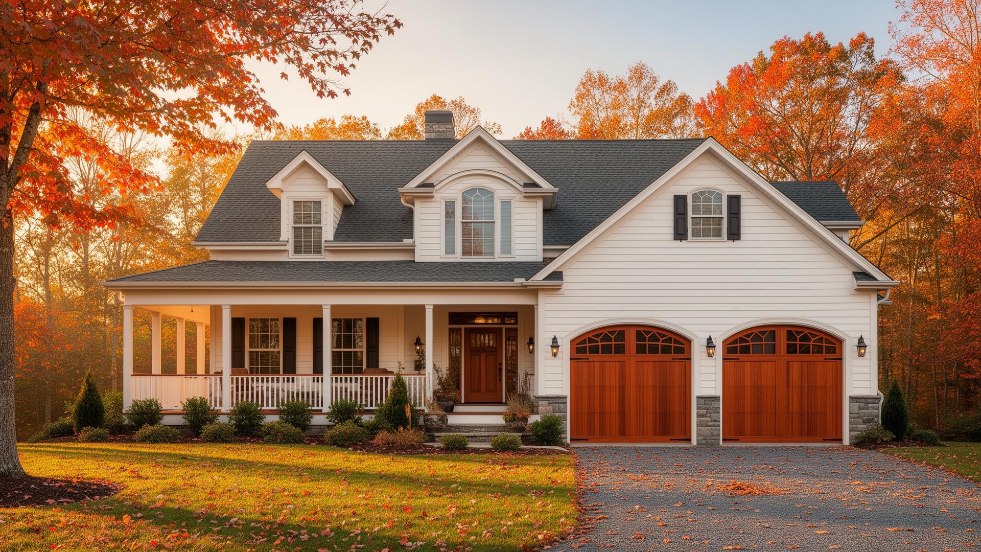 Beautiful mahogany wood garage doors with arched windows on a classic farmhouse